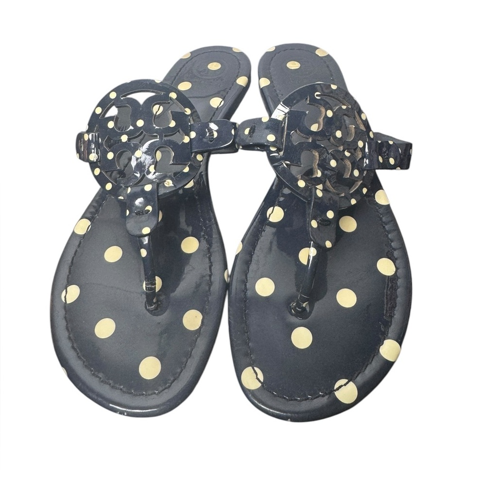 Tory Burch Miller Printed Patent Leather Navy Classic Polka Dot Sandals Sz 8.5